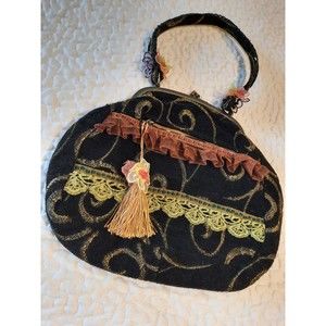 Vintage Ziba Embellished Handbag Black Velvety with Lace Trim